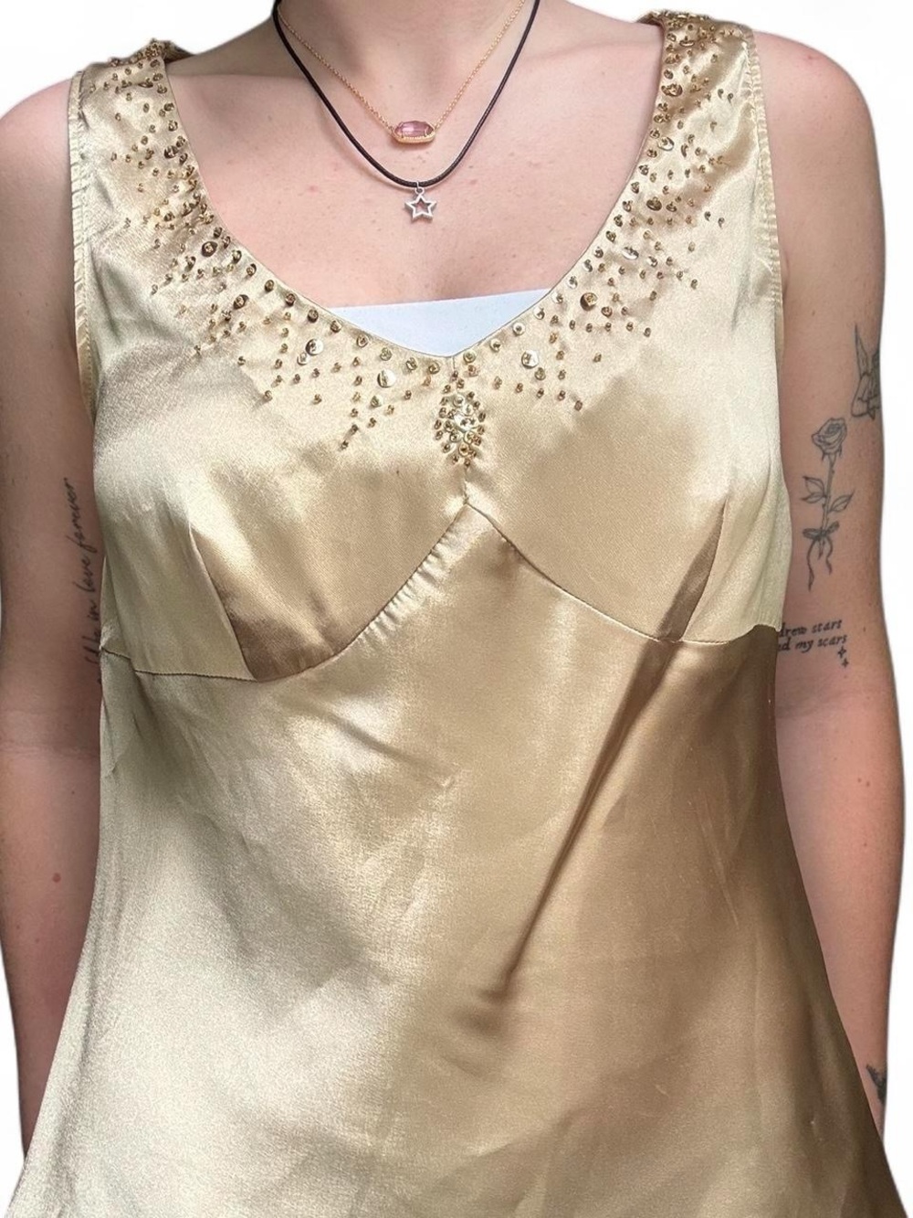 Cato Gold Satin Beaded V-Neck Slip Top